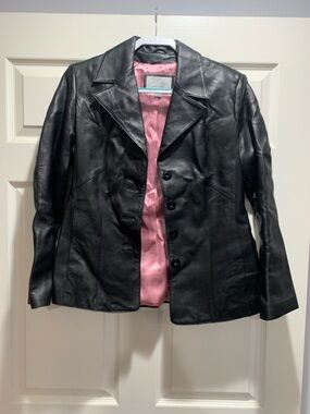 Wilsons Leather Black Leather Button-Front Jacket with Pink Lining